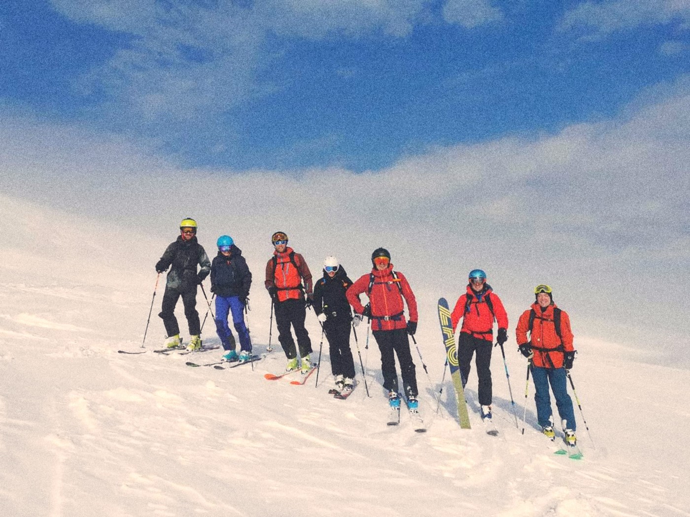 Vagabond Ski School group out on the slopes on a bluebird day in Gudauri