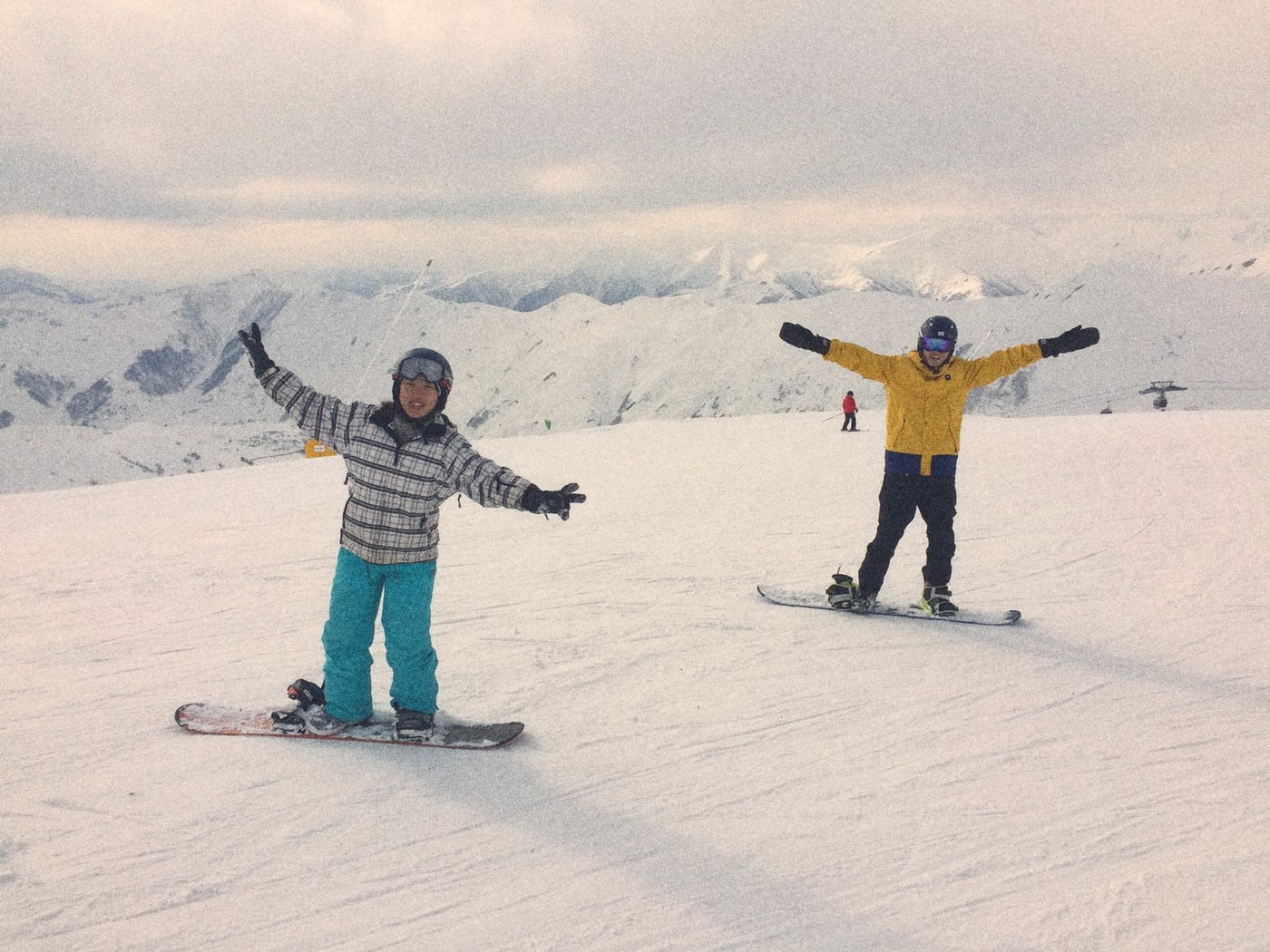 Two Vagabond snowboarders out on the slopes above Gudauri.